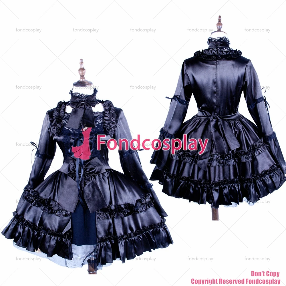 

fondcosplay adult sexy cross dressing sissy maid short Uniform Gothic Lolita black satin Lockable Dress CD/TV[G239]