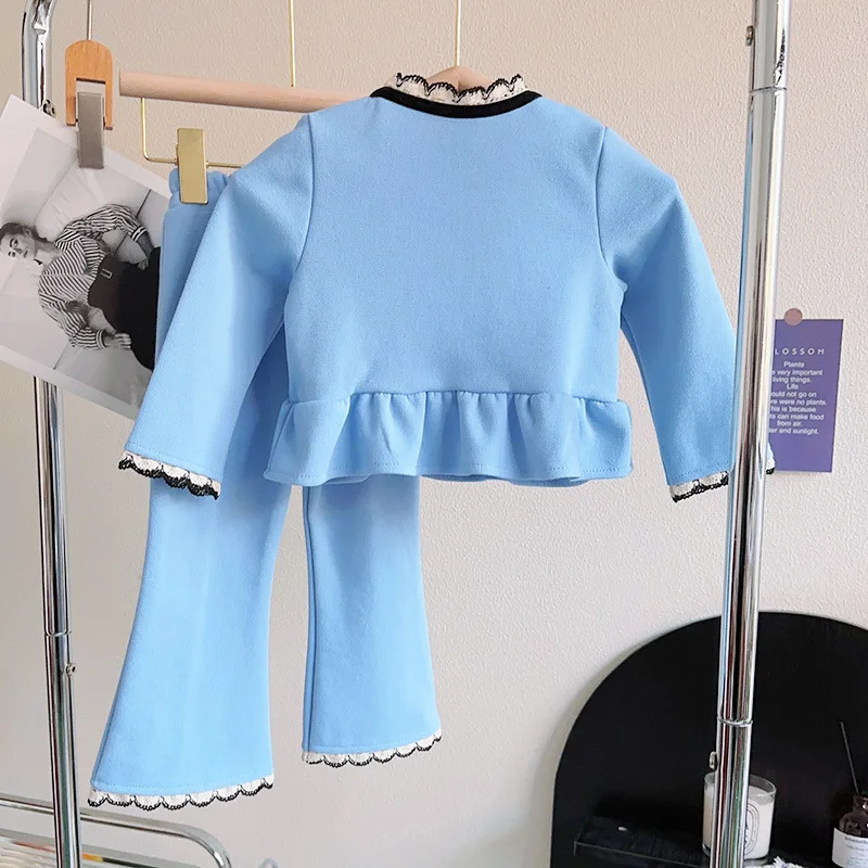 Girls Set 2024 Spring Autumn Girls Treasure Bow Two Piece Set Baby Coat Pants Blue Two Piece Set