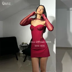 Qanz Sexy Illusion Prom Dresses Short Mini Mermaid Burgundy Satin Sexy 2024 Birthday Luxury Dress Long Sleeves Cocktail Dresses