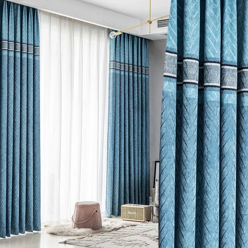 

New Luxury Scandinavian Simple American Modern Chenille Blackout Curtains for Living Room Thickening Blue Hall Window Screens