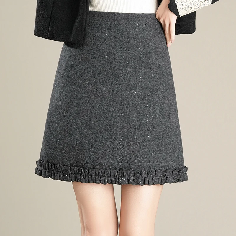 

ay Woolen Skirt Women's Autumn Winter Thiened Pleated High Waist Wrap around A-Line Skirt French Sle Polyester Fiber