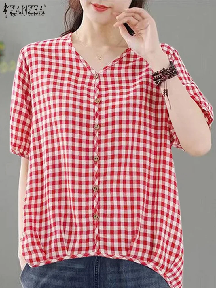 ZANZEA Checked Casual Shirt Plaid Loose Vintage Fashion Blusas Women V Neck Holiday Party Tunic Tops Summer Short Sleeve Blouse