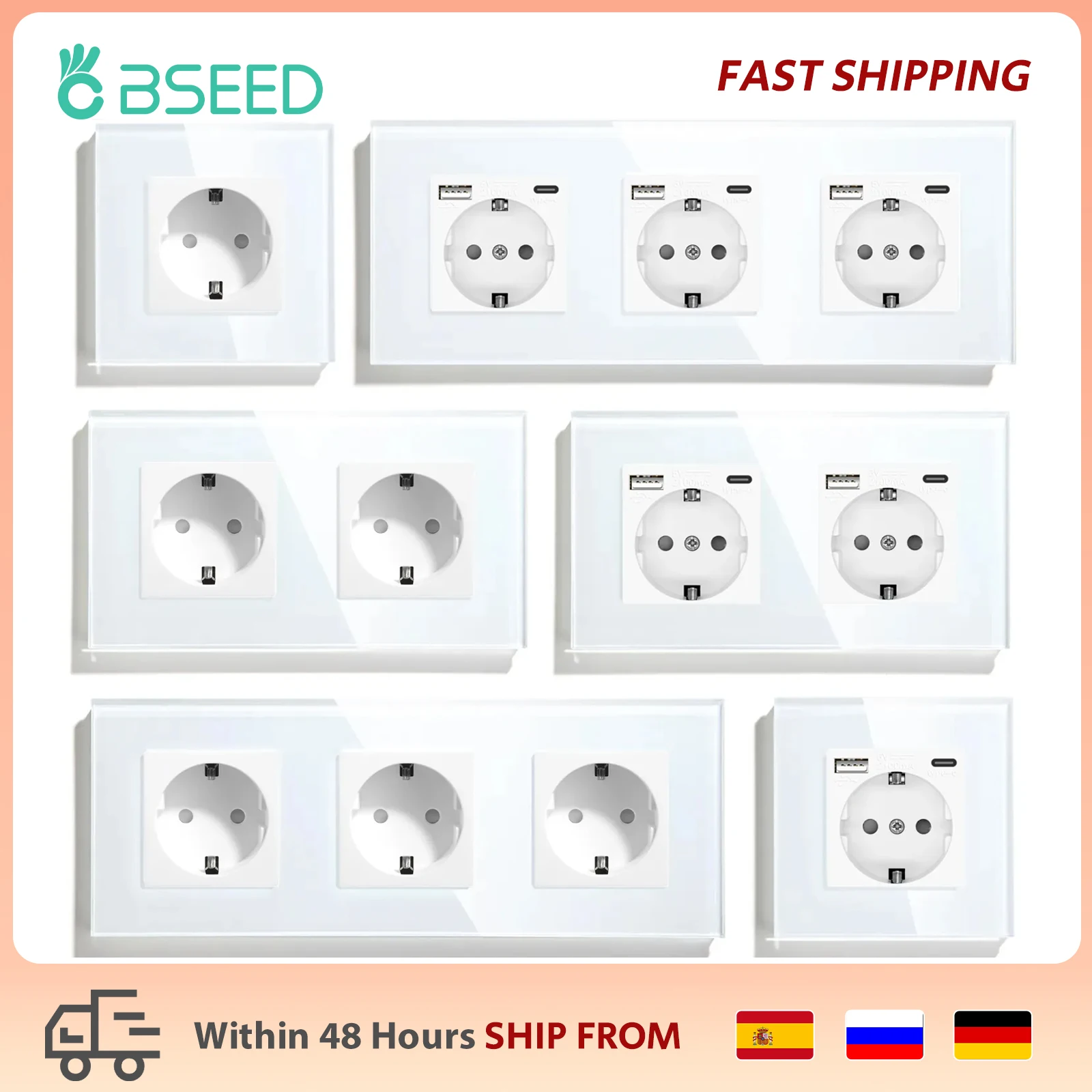 BSEED EU Standard Single Power Socket Touch Switch Usb Wall Sockets Double Sockets Triple Wall Sockets Quadruple Glass Sockets