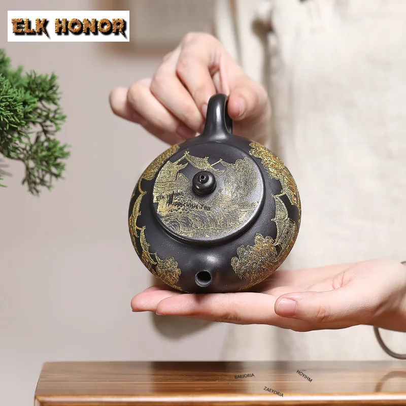 220ml Boutique Yixing Purple Clay Teapots Handmade Cold River Pot Raw Ore Black Mud Kettle Chinese Zisha Tea Set Decoration Gift