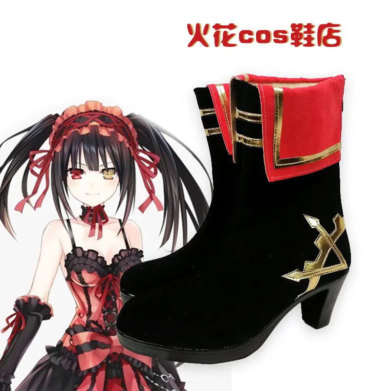 Anime DATE A LIVE Tokisaki Kurumi Cosplay Shoes Black High Heels Short PU Leather Boots For Halloween Carnival