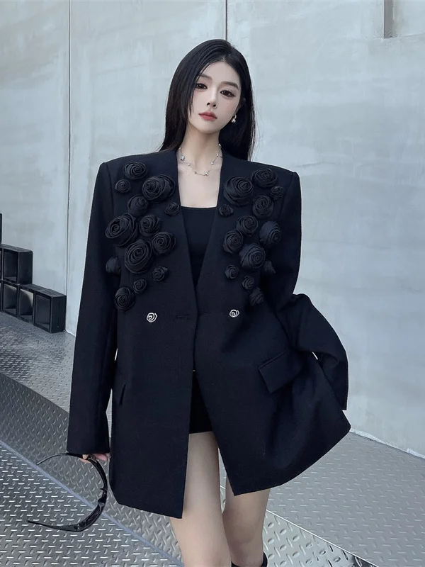 

Ele Bla Suit Jaet Women's Handmade 3D Flower Design lectual Sli French Sle Casual Commute Interview Busin