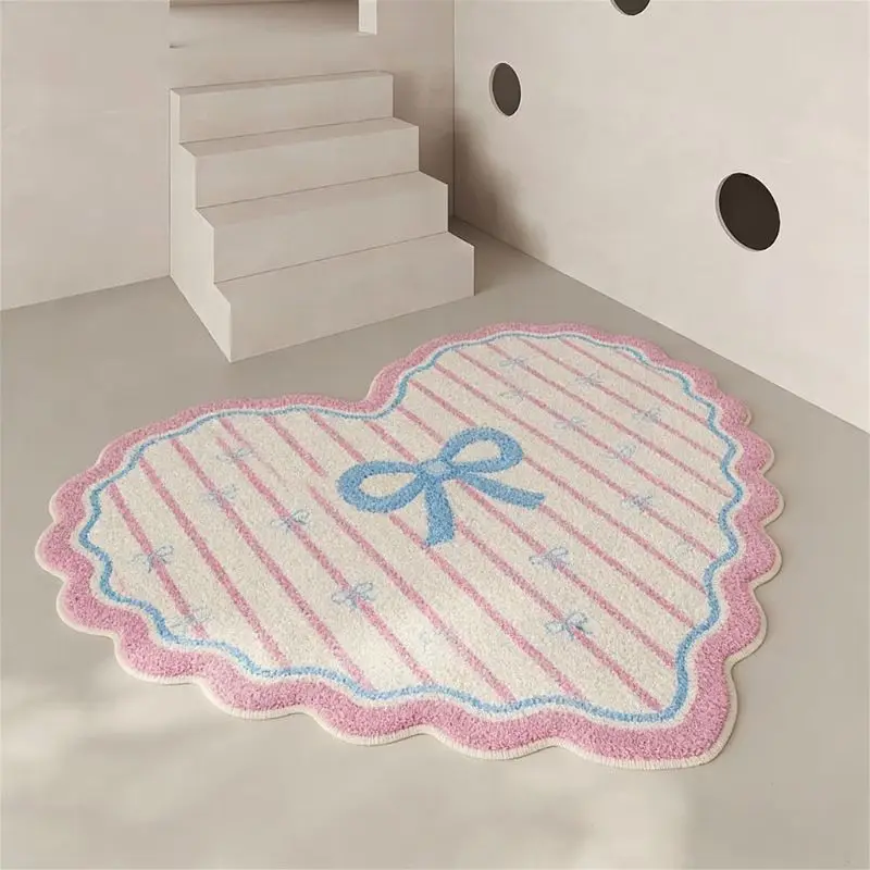VIKAMA Heart Shape Round Rug Cream Pink Stripe Blue Bow Coquette Cute Living Room Bedroom Carpet Non Slip Living Room Decor