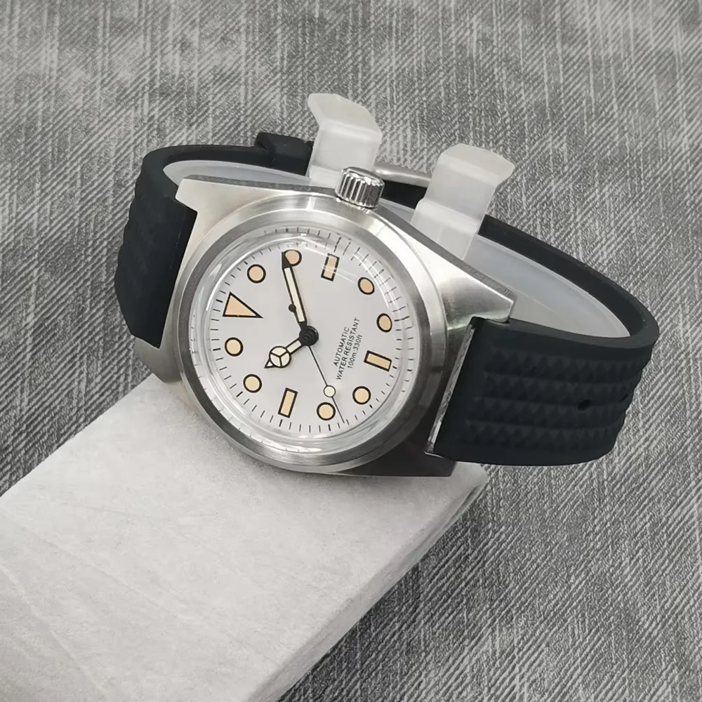 38mm vidro arqueado nh35 movimento masculino relógio automático estéril mostrador de borracha pulseira preta luminosa relógio mecânico masculino