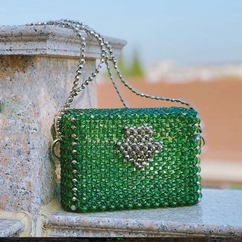 

Exclusive Design Women's Beaded Hand Bags Green Square Party Dinner Wedding Summer Travel Shoulder Bag Purses Ladies Clutches