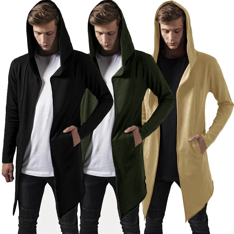 2024 New Men Winter Casual Hoodie Coat Solid Color Cardigan Cloak Coat Open Front Warm Long Outwear Autumn Winter