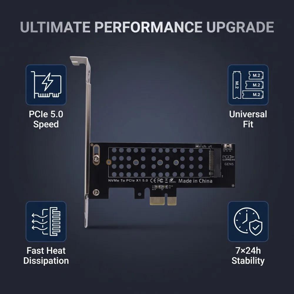 TISHRIC PCIe 5.0 1X to NVMe Adapter Card M.2 M-key to PCIE X1 Converter 32Gbps PCle X1 X4 X8 X16 for M.2 SSD 2230/2242/2260/2280