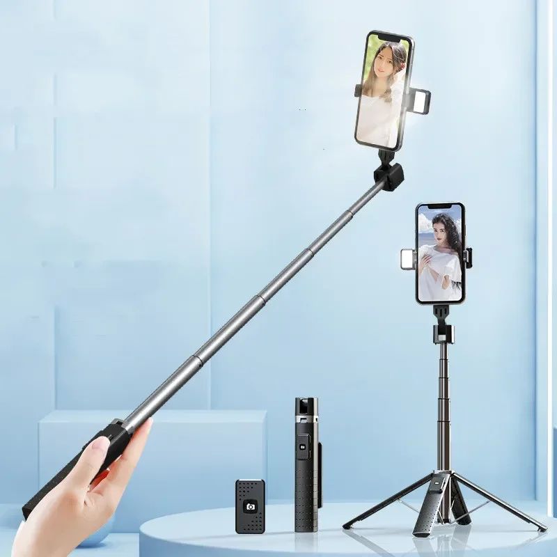 Upgraded Foldable Extended Wireless Bluetooth Selfie Stick Quadrupod with Double Fill Light Mobile Phone Holders & Stands