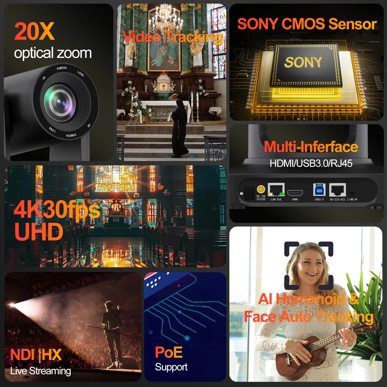 Runpu 4K NDI PTZ Camera Sound&AI Auto-Tracking 20X Optical Zoom HDMI USB3.0 POE IP Live Streaming Camera for Church Event Vmix