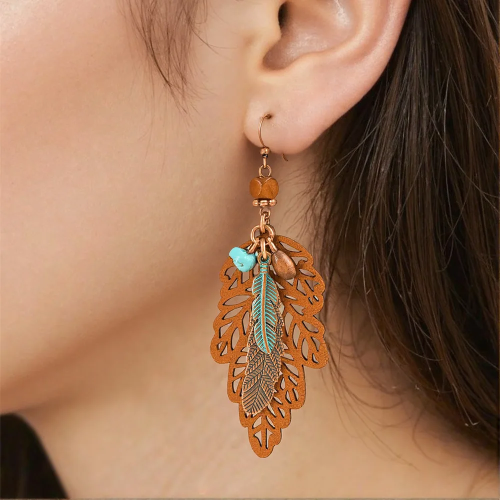 Vintage Bohemian Brown Geometric Leaf Earrings for Women Creative Ethnic Wooden Alloy Drop Earrings Female Vacation Jewelry