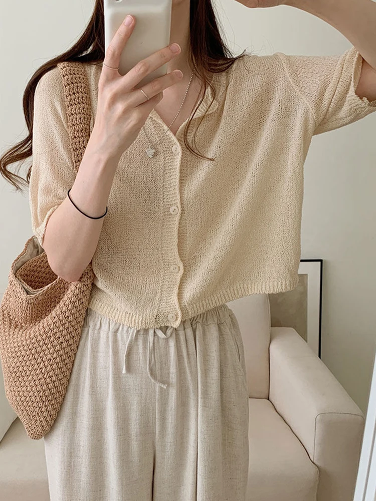 

Korean Sle Knitted ort Sve Open Cardigan Loose round Ne Single Button Design Sensation Unique Faion Top Summer