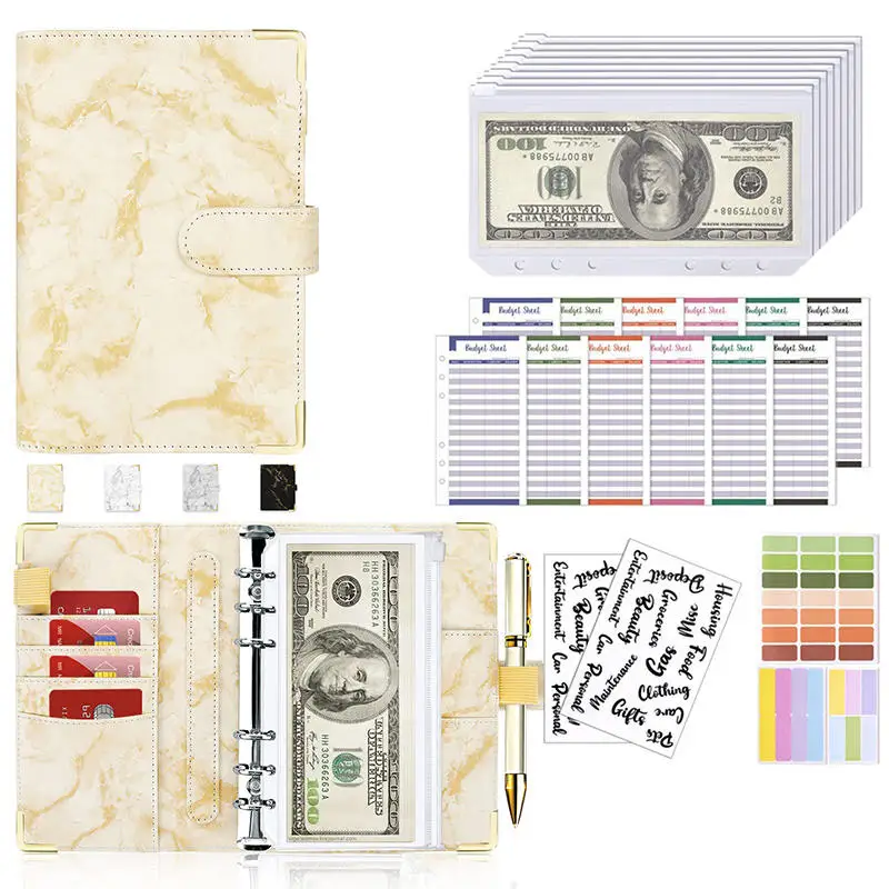 A6 Money Saving Organizer PU Leather Budget Binder Marble Notebook Budgets Planner Envelope Office School Supplies