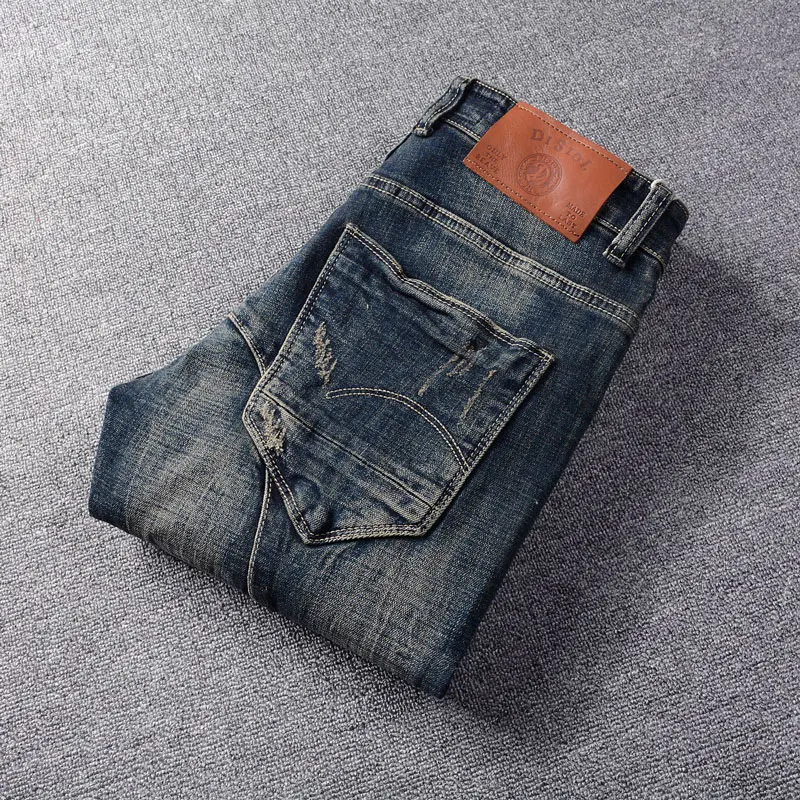 Street Fashion Men Jeans High Quality Retro Black Blue Stretch Slim Fit Ripped Jeans Men Spliced Designer Vintage Denim Pants