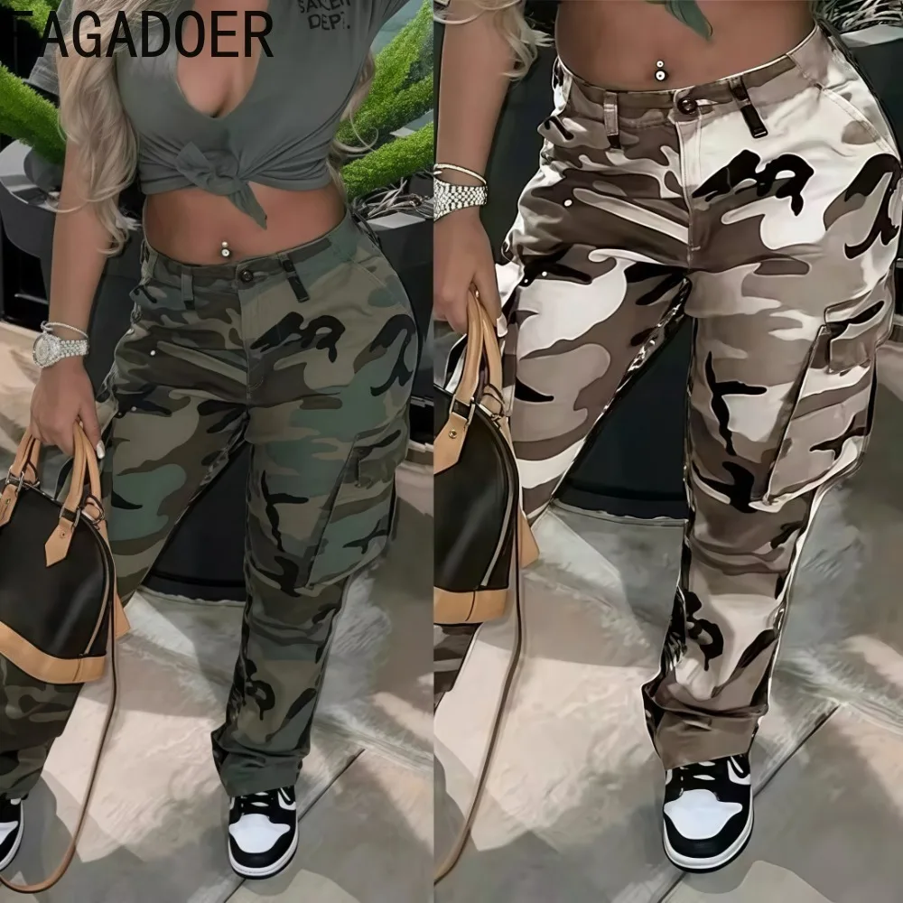 

FAGADOER Retro Y2K Spring New Camouflage Straight Pants For Women Fashion Pockets Cargo Pants Female Streetwear Bottoms 2025