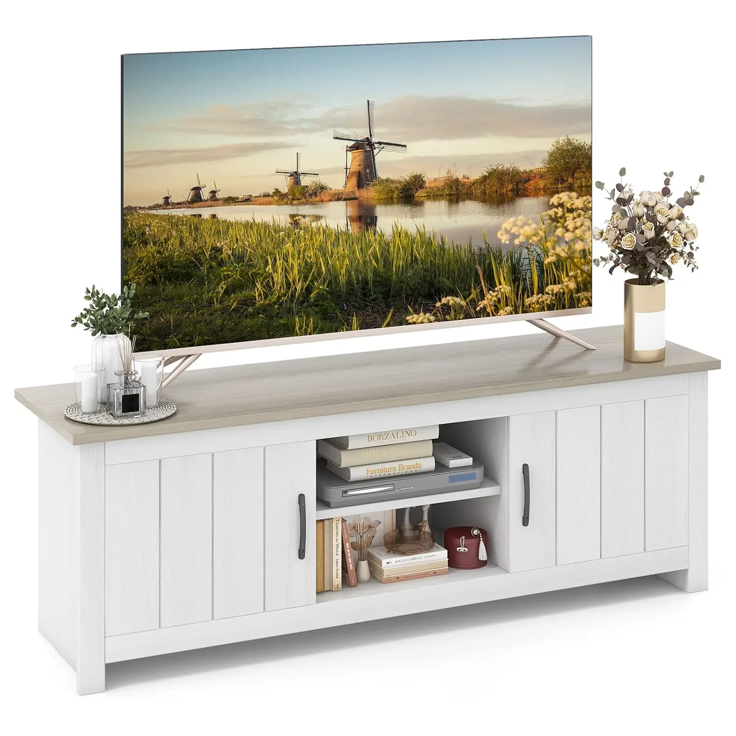 2-Door TV Stand Media Console w/ Cabinets & Shelves, Cable Holes, Wood Entertainment Center for Living Room, 65