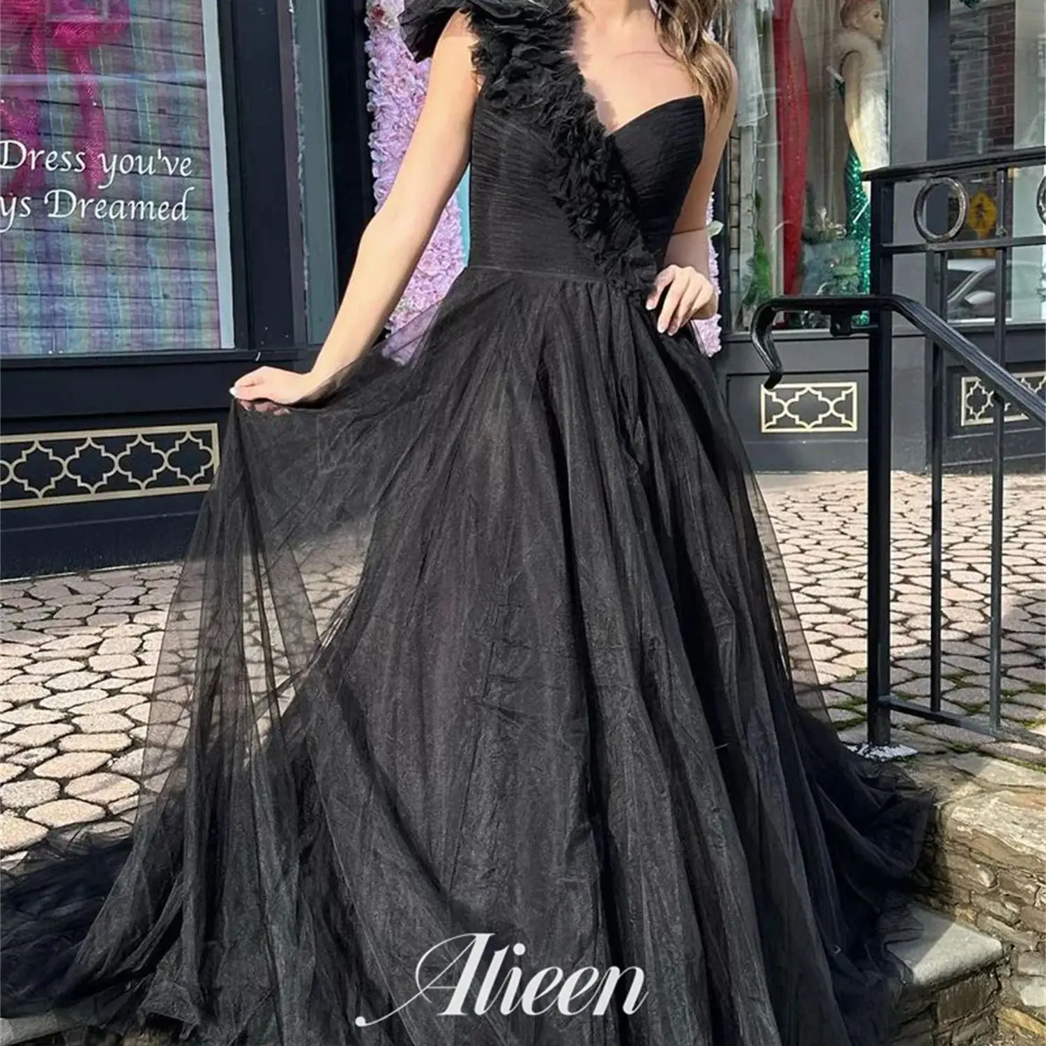 

Aileen One Shoulder Mesh Customized Wedding Dress Black Luxurious Women's Evening Dresses for Special Occasions Party Gala Prom