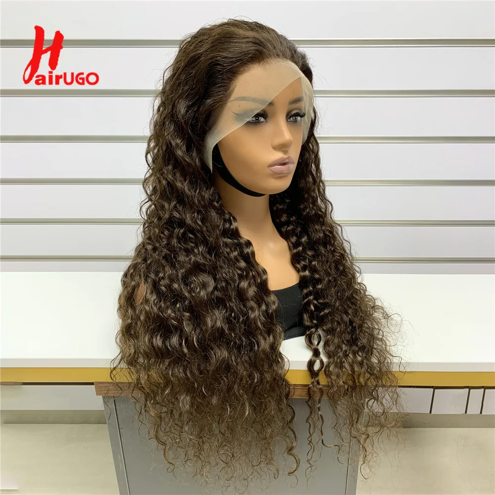 HairUGo-Perruque brésilienne Remy ondulée, cheveux naturels, 13x4, pre-plucked, lace closure, 180%