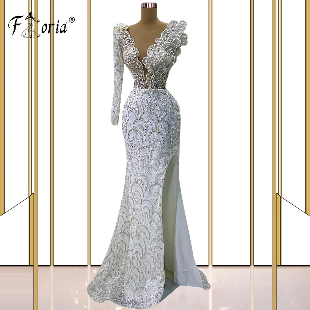 Elegant Dubai Pearls Mermaid Formal Evening Dresses Beads 3D Appliques Party Gowns Arabic Woman Prom Dress 2023 Robe De Soiree