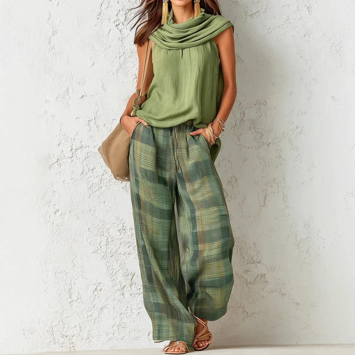 Conjunto de Dos Piezas para Mujer, Estilo Boho, Color Verde, Top sin Mangas con Cuello Tipo Capucha y Pantalones Anchos a Cuadros, Estilo Casual y Holgado para Verano 2026
