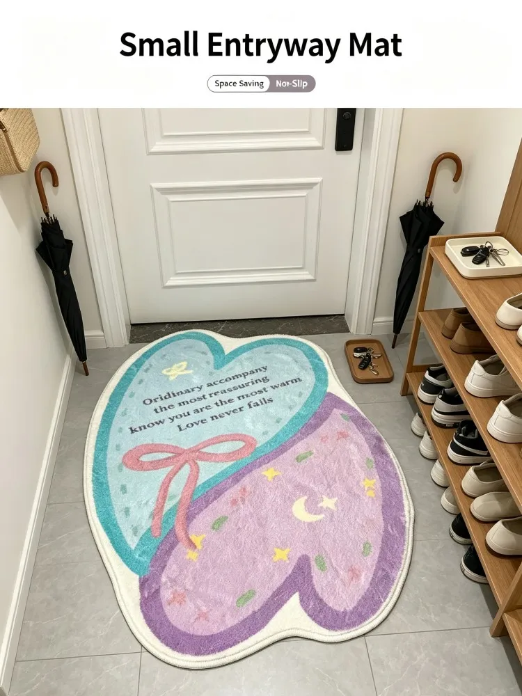 Cute Irregular Double‑Heart Shape Bath Mat Soft Fluffy Absorbent Non‑Slip Floor Rug With Letter Print Bow Star Moon Pattern For