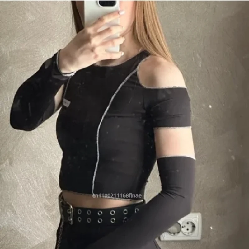 أنثى الشارع ملابس رقص أعلى قصيرة شبكة سوداء قاعدة قميص طويل الأكمام أعلى جوفاء خارج قبالة الكتف تي شيرت للنساء
