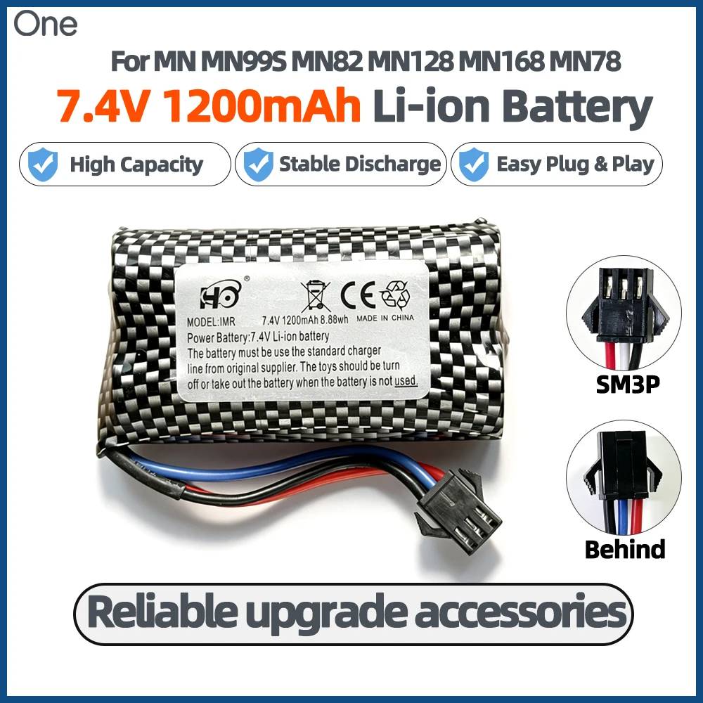 2S 7.4V 1200mAh 15C Li‑Ion RC Battery SM3P Plug Rechargeable Upgrade Replacement Parts for MN MN99S MN82 MN98 MN168 MN128 RC Car