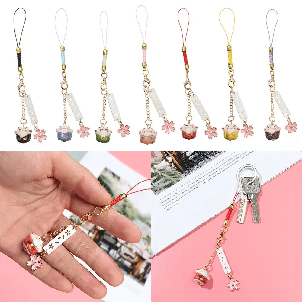 Bloesems Hangtouw Bells Lucky Cat Anti-verloren Lanyard Sleutelhanger Pols Touw Sakura Lucky Cat Telefoon Lanyard Telefoonriem Lanyard