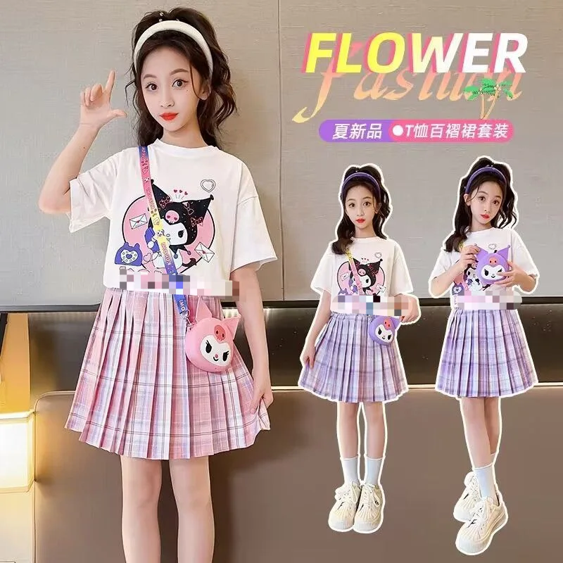 Sanrio baru T-Shirt lengan pendek anak perempuan rok berlipat Set Kuromi kartun Musim Semi dan musim panas T-Shirt rok atasan dua potong Set hadiah