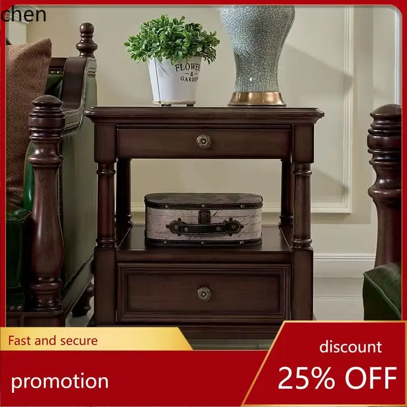HT Retro Sofa Side Table Living Room Solid Wood Square Table Bedroom Nightstand Bedside Cabinet