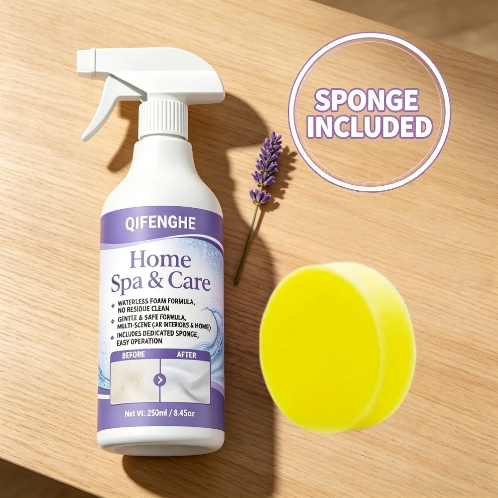 QIFENGHE 250ml Car & Home Dual-use Foam Cleaner, Waterless No Residue Multi-scene Cleaning Spray with Sponge, Gentle Safe for Ca