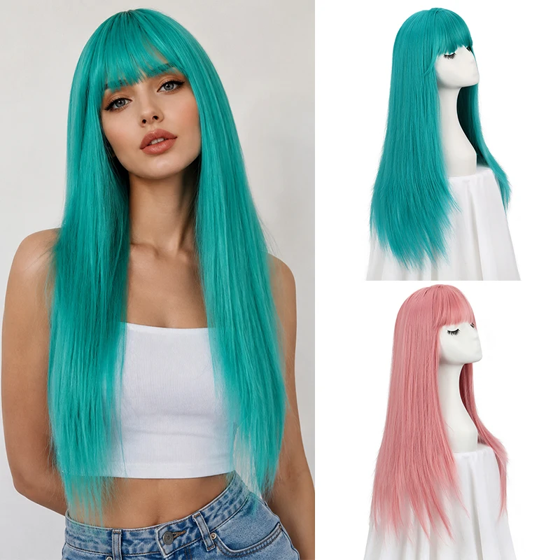 28Inch Synthetic Long Straight Cosplay Wig Wig With Neat Bangs Heat Resistant Full Wig for Women Anime Halloween Party Daily