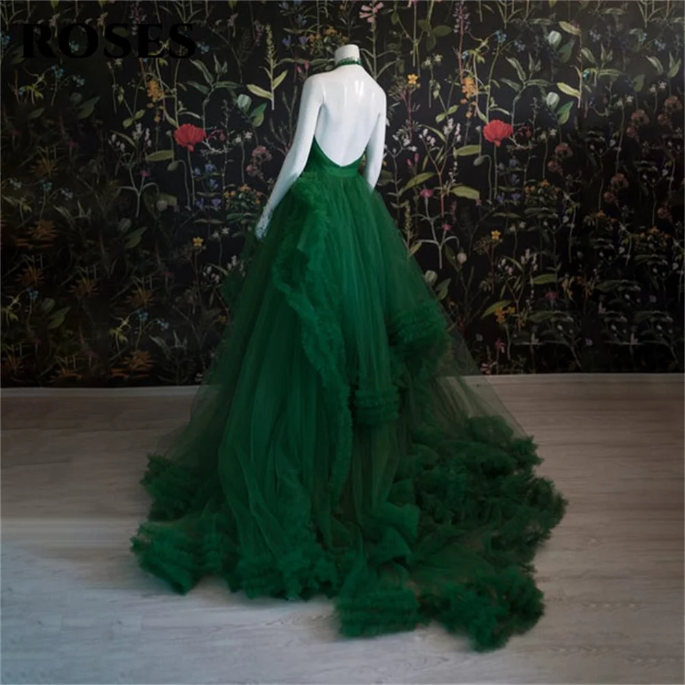 ROSES Dark Green Halter Prom Dress Backless Party Dresses Tiered Tulle Celebrity Gowns Wedding Party Dress Custom вечерние плать