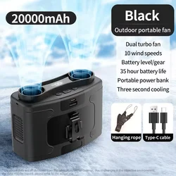 Socoolfan 20000mAh Outdoor Portable Waist Fan Hanging Neck Fan 5 Speed Strong Wind for Sports Courier Outdoor Working