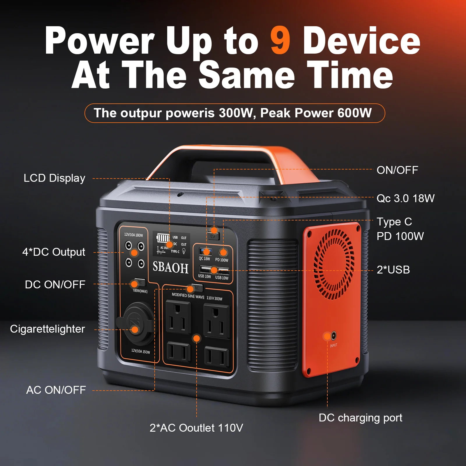 محطة طاقة محمولة SBAOH P302 بقدرة 296 وات في الساعة 300 وات، مولد طاقة شمسية مع مخرج تيار متردد وبطارية ليثيوم أيون للتخييم والخارج والحفلات والمركبات الترفيهية #5