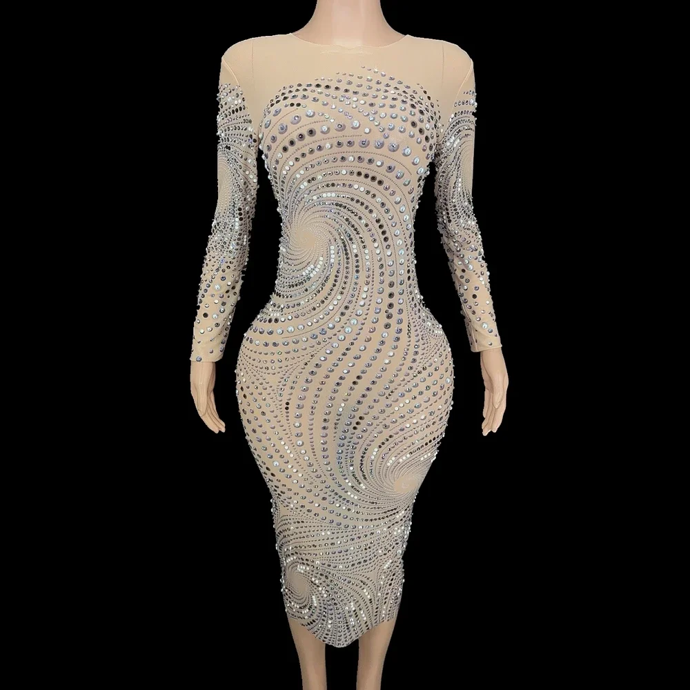 

Sparkly Rhinestones Pearls Long Dress Sexy Celebrate Evening Prom Birthday Dress Long Sleeve Mesh Transparent Show Stage Wear