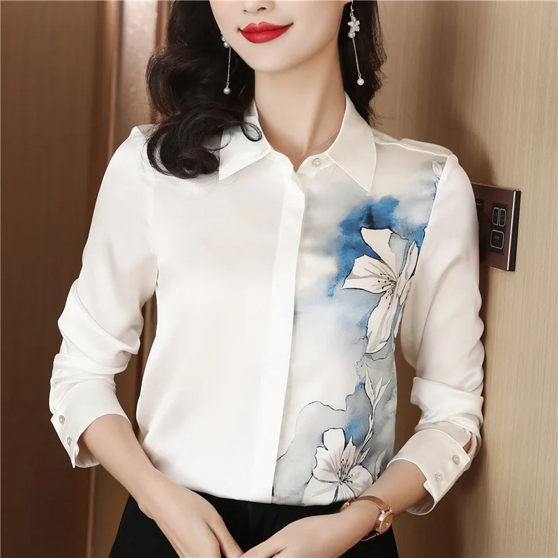 

Vintage Women's Blouses Casual Korean Shirts Fashion Loose Spring/summer Clothing Print Long-sleeved Satin Women Tops
