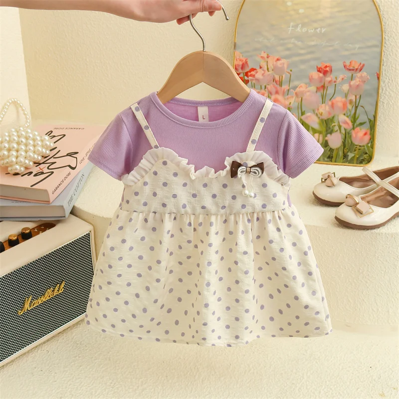 Summer New Baby Girl Polka Dot Dress Cute Fake Two Piece Short Sleeved Children'S Clothing (6-24 Months)