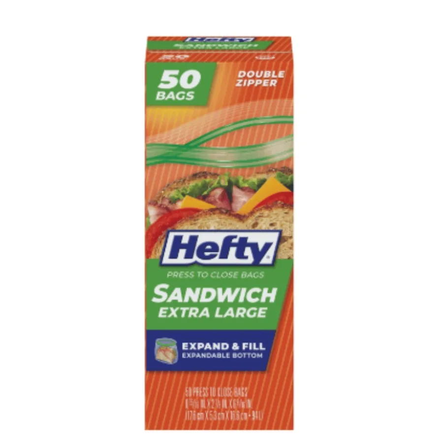 

Hefty Press to Close Plastic Bags for Food Storage XL Sandwich Size 100 Count
