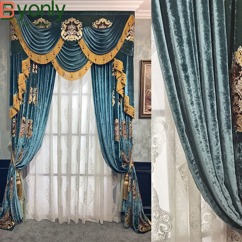 

Customized Blue Gilded Embroidered Velvet Fabric for Palaces Curtains for Living Rooms Bedrooms Villas High Window Screens