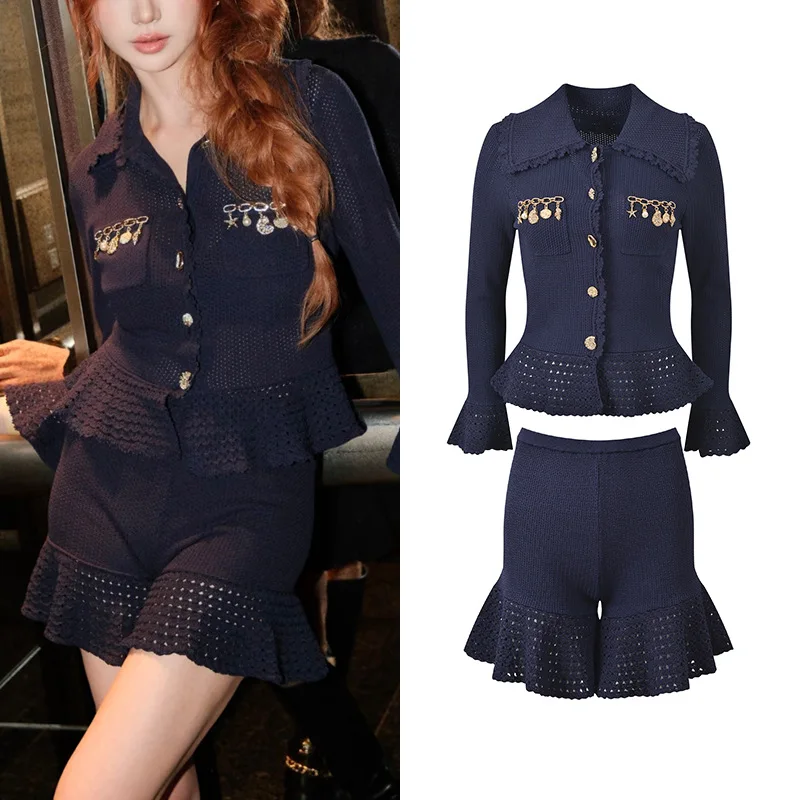 

Lady Summer Designed Metal Pendant Fashion Wear Turn-down Collar Long Sleeve Cardigan Flared Shorts Women Hollow Out Knits 2pcs