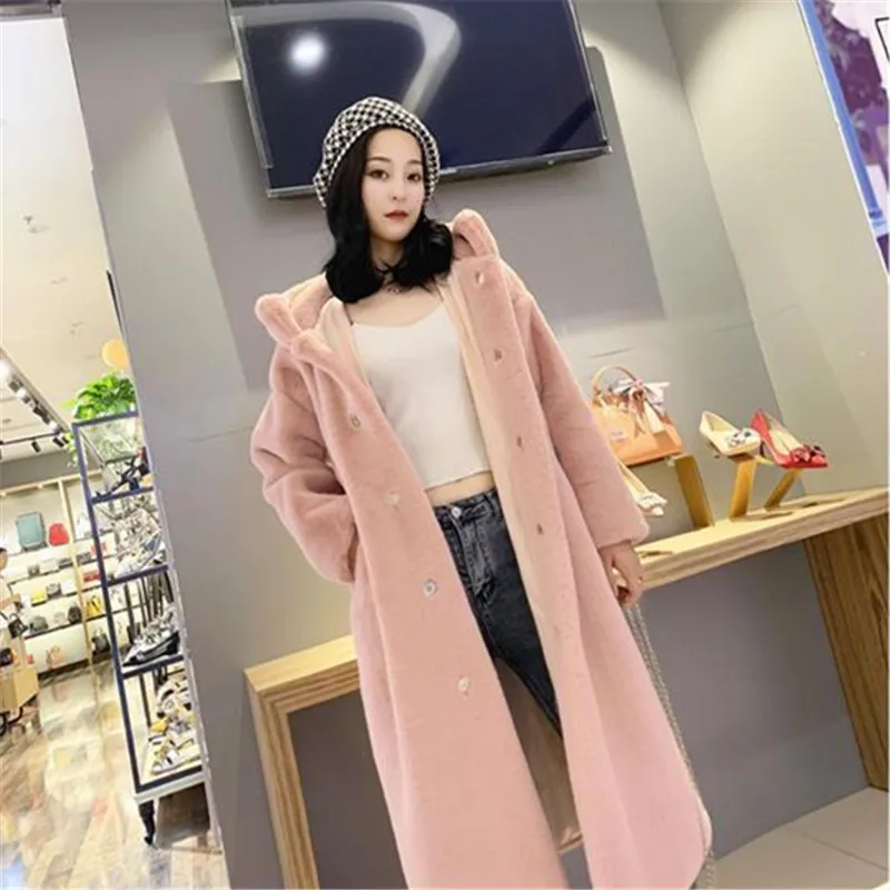 Winter Women Faux Rabbit Fur Coat Luxury Long Fur Coat Hooded OverCoat Warm Plus Size Female Plush Woman Coats Fluffy Jacket