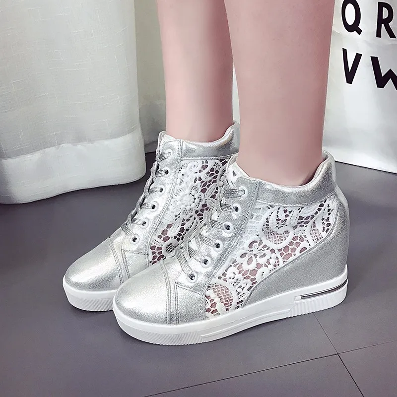 Women Shoes 2025 New Thick-soled Breathable Lace Flower White Sports Sneakers Hollow Platform Wedge Comfortable Female Footwear