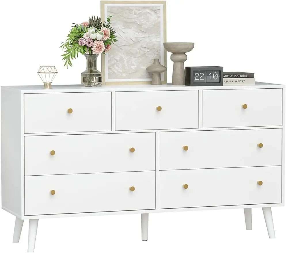 

55” White/Black Dresser, 7 Drawer Dresser for Bedroom with Wide Drawers and Gold Knobs, Wood Dressers & Chests of Drawers