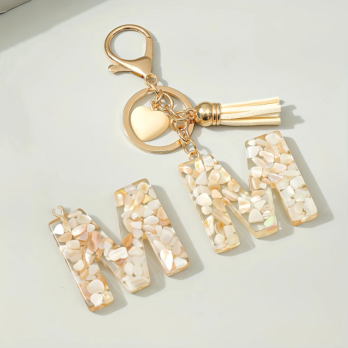 Cream-coloured 26 Initials Keychain Cute Heart Tassel Pendant Letter Key Chains for Women Girls Purse Bag Jewelry Car Trinket view 3