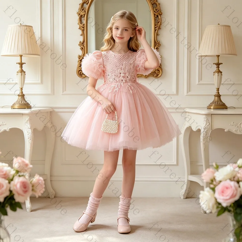 Customized Pink Tulle Girls Dress 2026 Puff Sleeve Beaded Bodice Princess Gown for Wedding Baptism First Communion Party