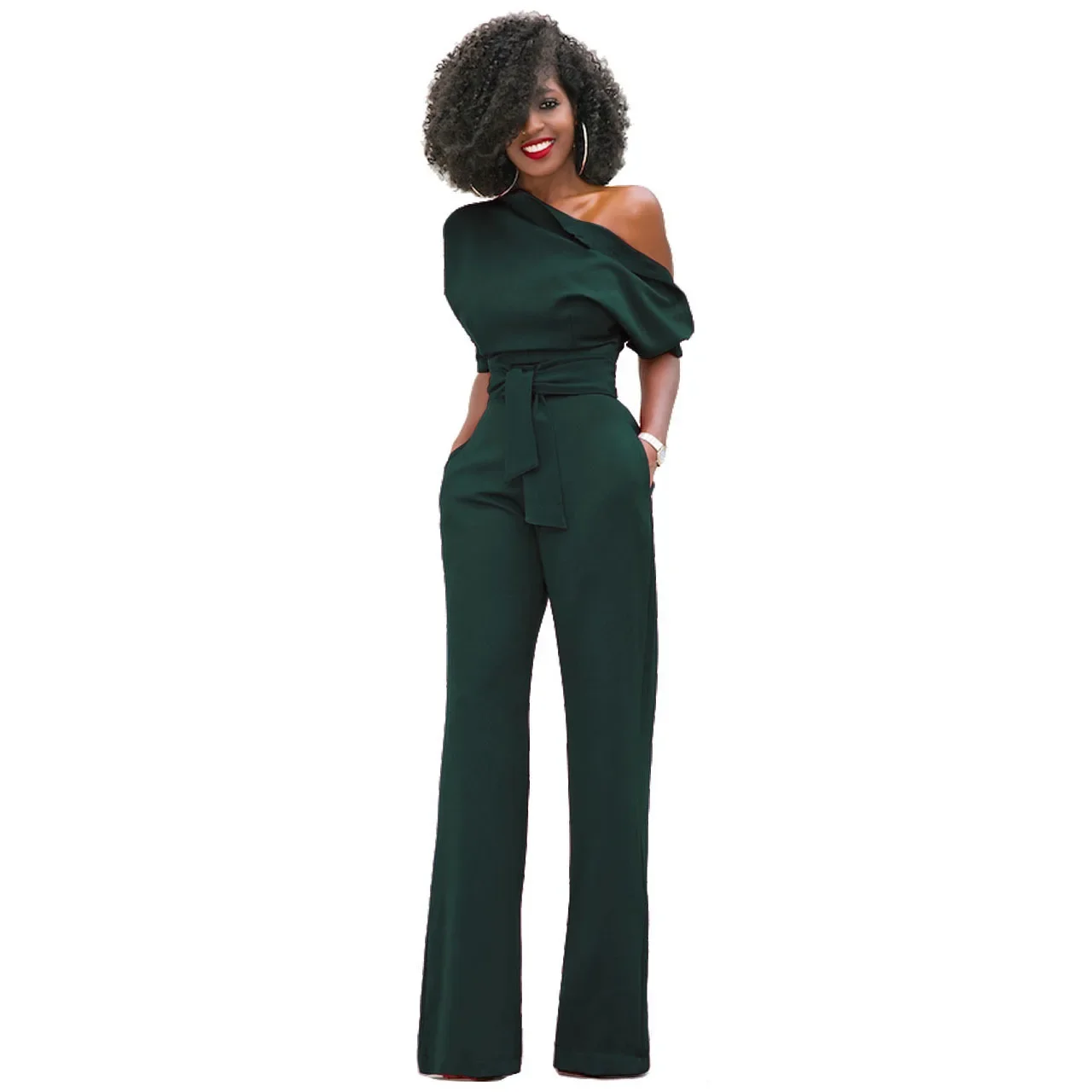 Hot selling European and American classic solid color slanted collar button jumpsuit wide leg pants